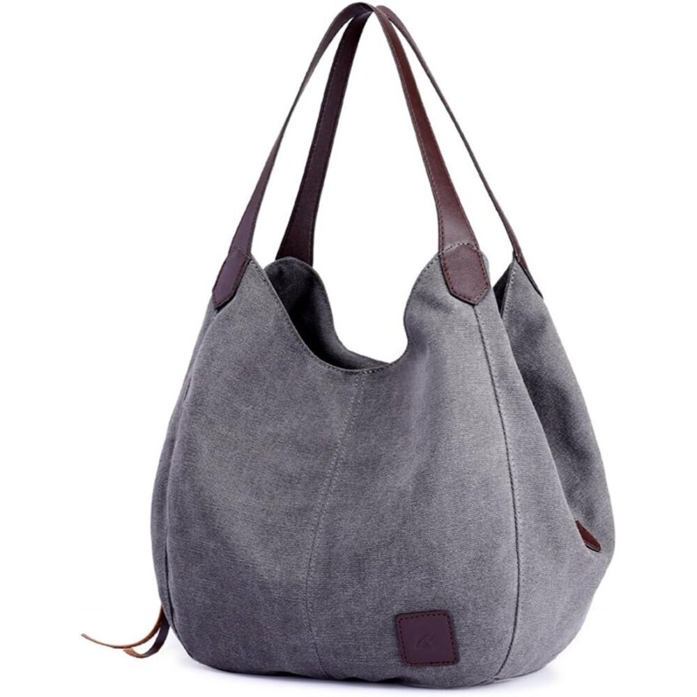 Women's Gray  Cotton Canvas Multi-Pocket Shoulder Bag - Fashion Tote Purse